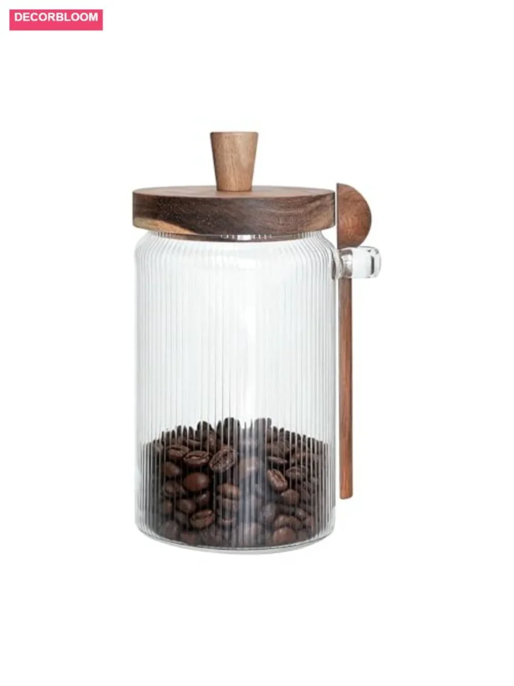 Striped Glass Food Storage Jar with Acacia Wood Lid and Spoon 30oz